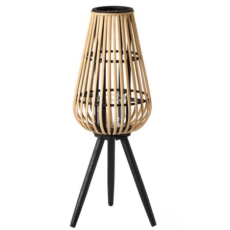 VINTIQUEWISE Indoor and Outdoor Modern Natural Bamboo Decorative Lantern with Black Stand and Glass Candle Holder QI004165